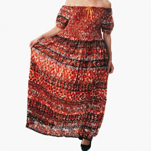 Orange peasant maxi dress short sleeve off shoulder boho summer floral tie dye - Picture 2 of 4